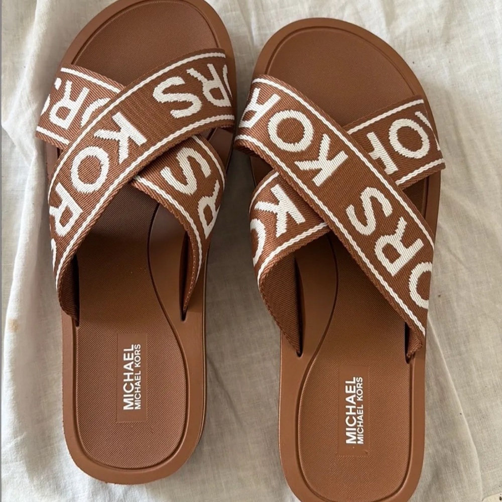 Michael Kors Tan Crisscross Logo Slide Sandals